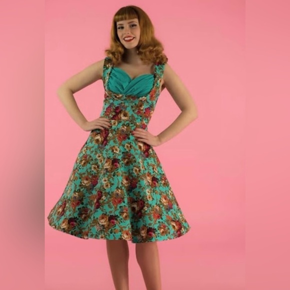 LINDY BOP Ophelia Turquoise Floral Print Swing Dress Midi Fit & Flare Size XS - Picture 2 of 14